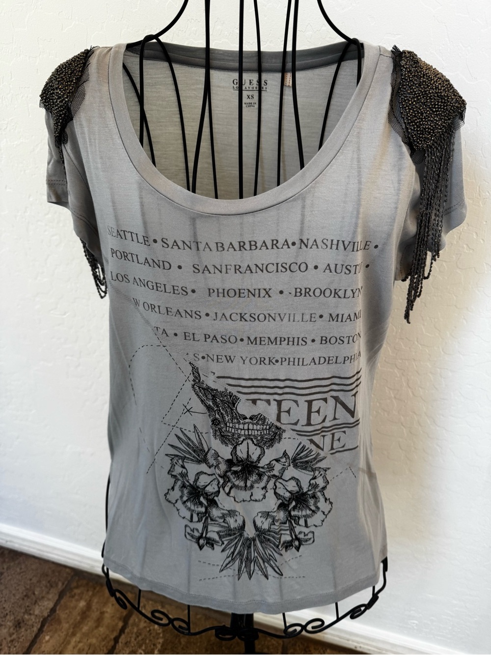 Guess Gray Graphic Short Sleeve Tee with Beaded Shoulder Fringe Detail